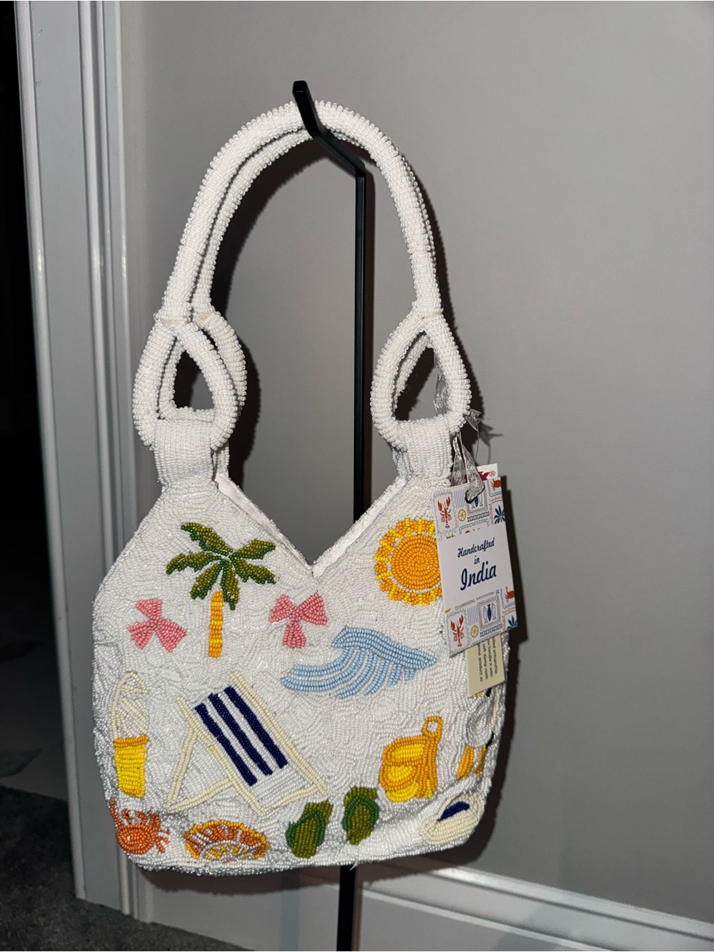 Handcrafted White Beaded Shoulder Bag with Beach Embroidery